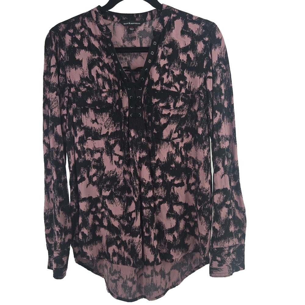 Rock & Republic Women's XS Black Blush Long Tab-Sleeve Corset Pockets Blouse Top